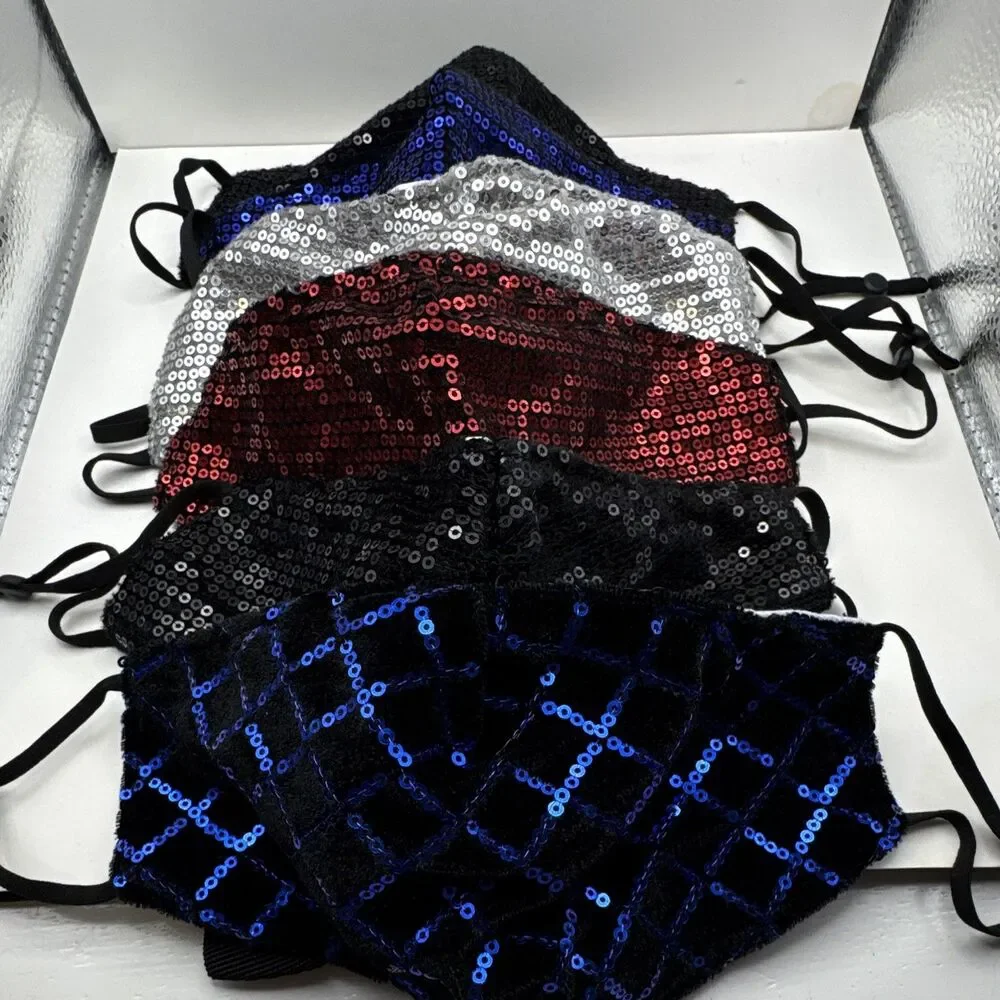 Face Masks Sequin Cloth Face Lot of 6 Adjustable Ear Loops Black Blue Red Silver